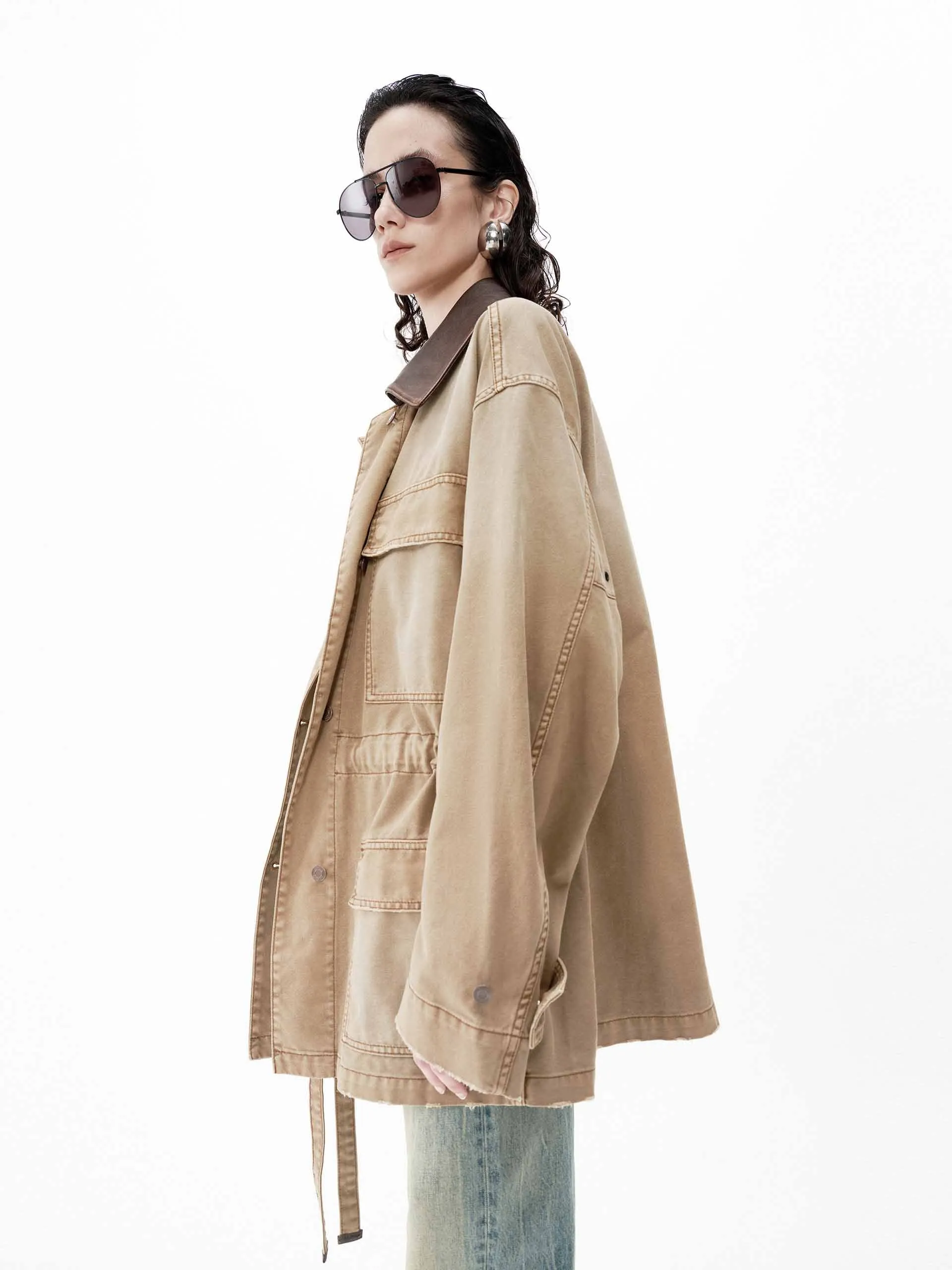 Leather Collar Cargo Jacket