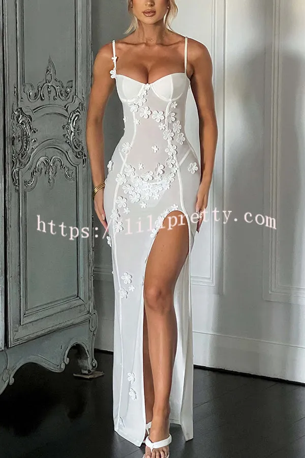 Lilipretty Unique Dreamland Stretch Mesh Playful Flower Appliques Slit Maxi Dress