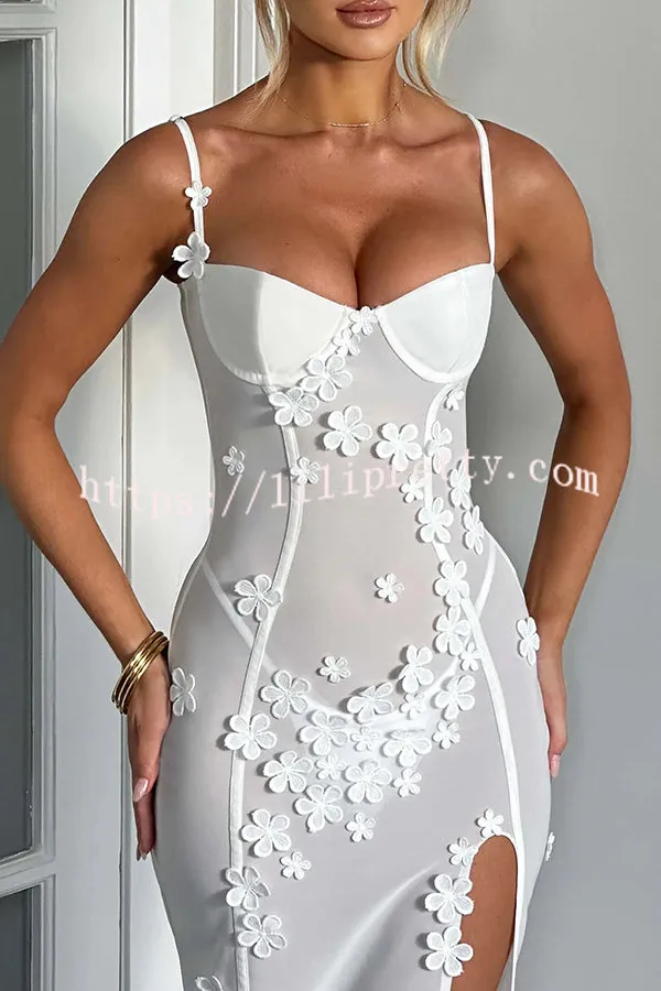 Lilipretty Unique Dreamland Stretch Mesh Playful Flower Appliques Slit Maxi Dress
