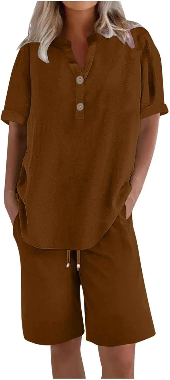 Linen Sets For Women 2 Piece Short Sleeve Shirts & Wide Leg Shorts Loose Fit Casual Cotton Linen Sets Outfits