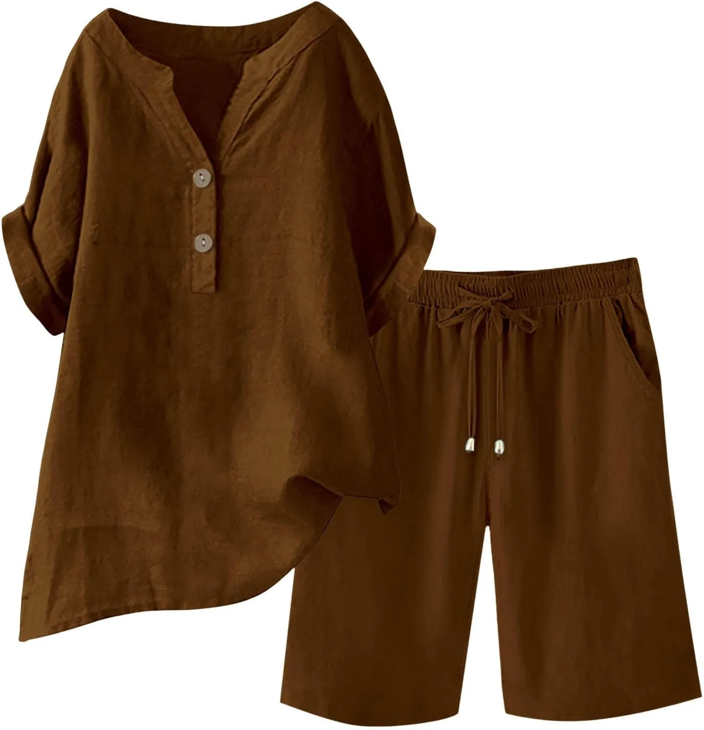 Linen Sets For Women 2 Piece Short Sleeve Shirts & Wide Leg Shorts Loose Fit Casual Cotton Linen Sets Outfits