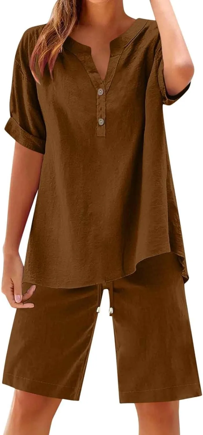 Linen Sets For Women 2 Piece Short Sleeve Shirts & Wide Leg Shorts Loose Fit Casual Cotton Linen Sets Outfits