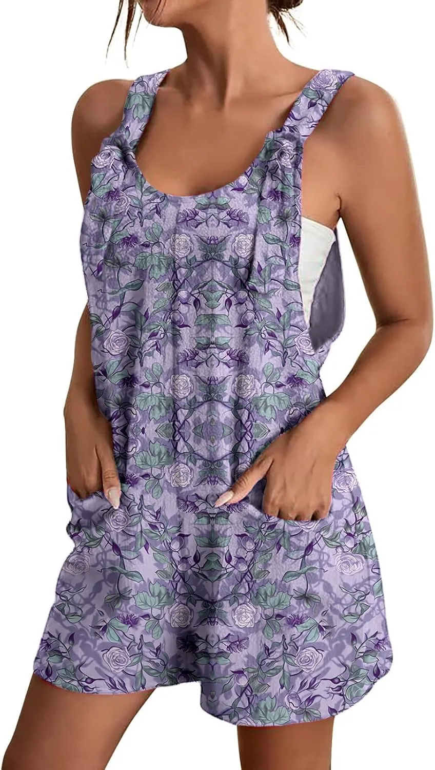 LOAIHA Boho Jumpsuit for Women Sleeveless Adjustable Strap Overalls Boho Floral Short Pants Plus Size Rompers With Pockets