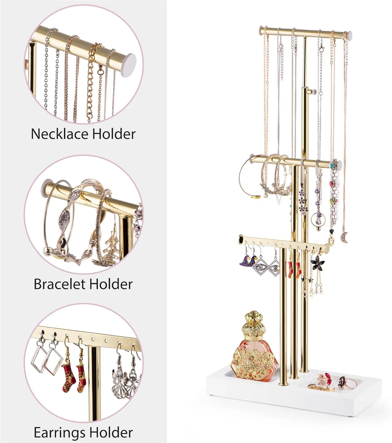 Love-KANKEI Jewelry Organizer Hanging with Metal and Wood Base, Necklace Holder with 3 Tier Tree Jewelry holder stand for Bracelets Earrings Rings,Height Adjustable Gift White and Gold