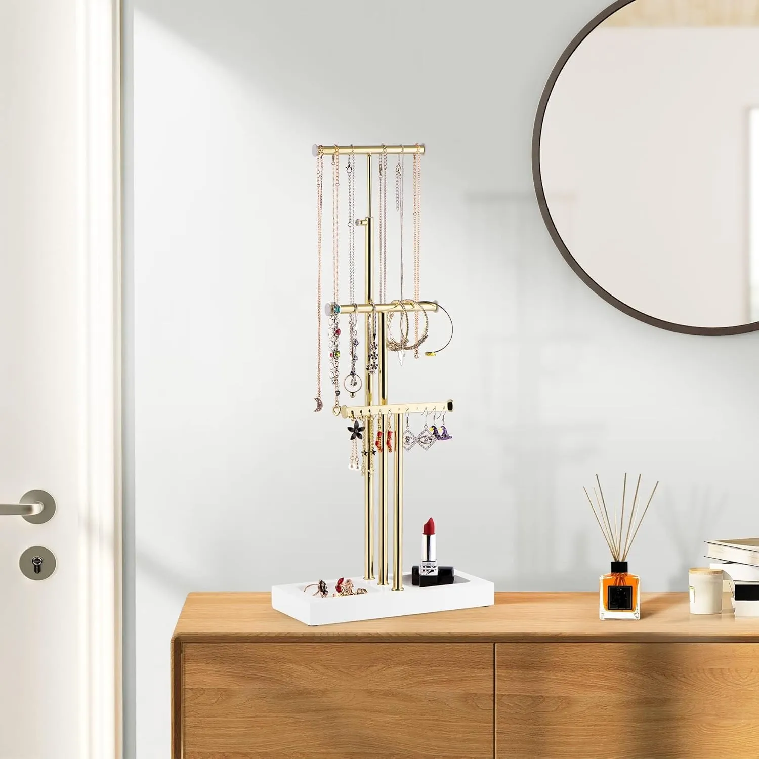 Love-KANKEI Jewelry Organizer Hanging with Metal and Wood Base, Necklace Holder with 3 Tier Tree Jewelry holder stand for Bracelets Earrings Rings,Height Adjustable Gift White and Gold
