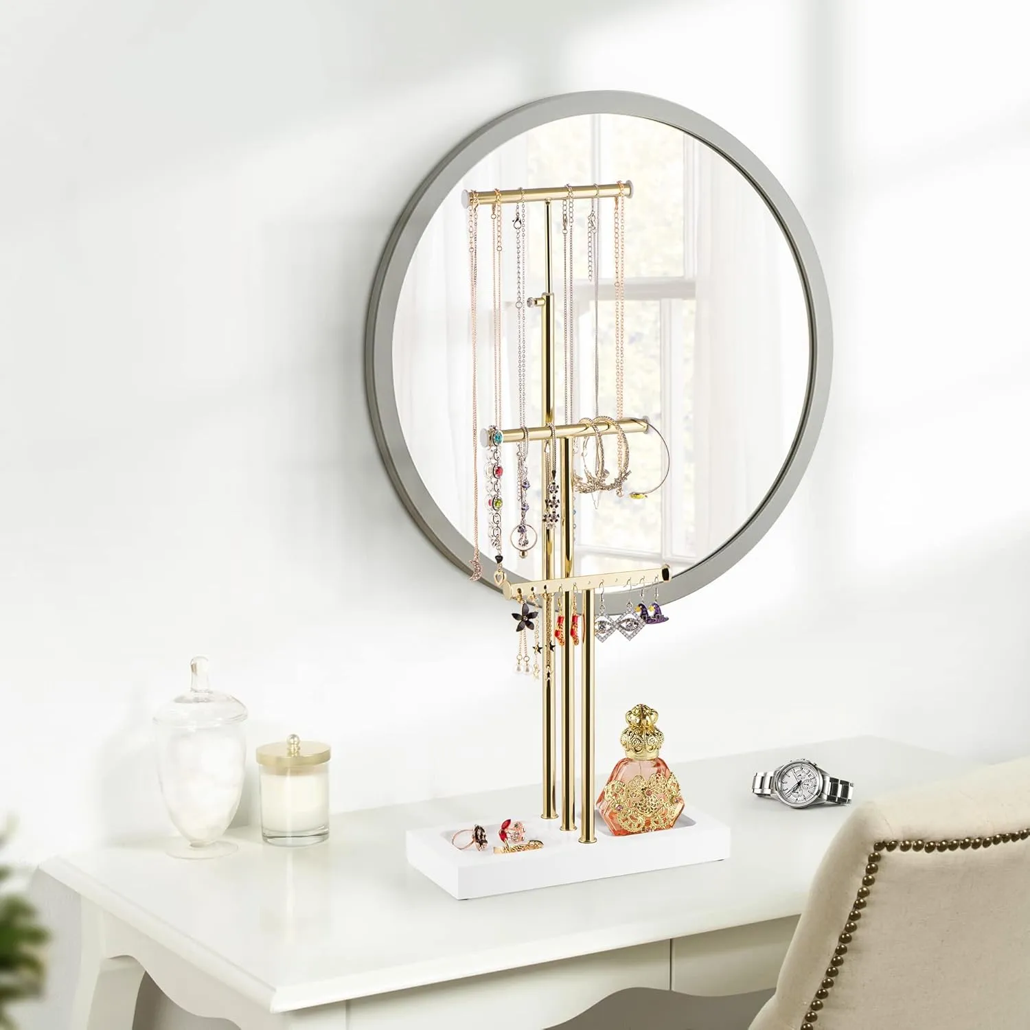 Love-KANKEI Jewelry Organizer Hanging with Metal and Wood Base, Necklace Holder with 3 Tier Tree Jewelry holder stand for Bracelets Earrings Rings,Height Adjustable Gift White and Gold