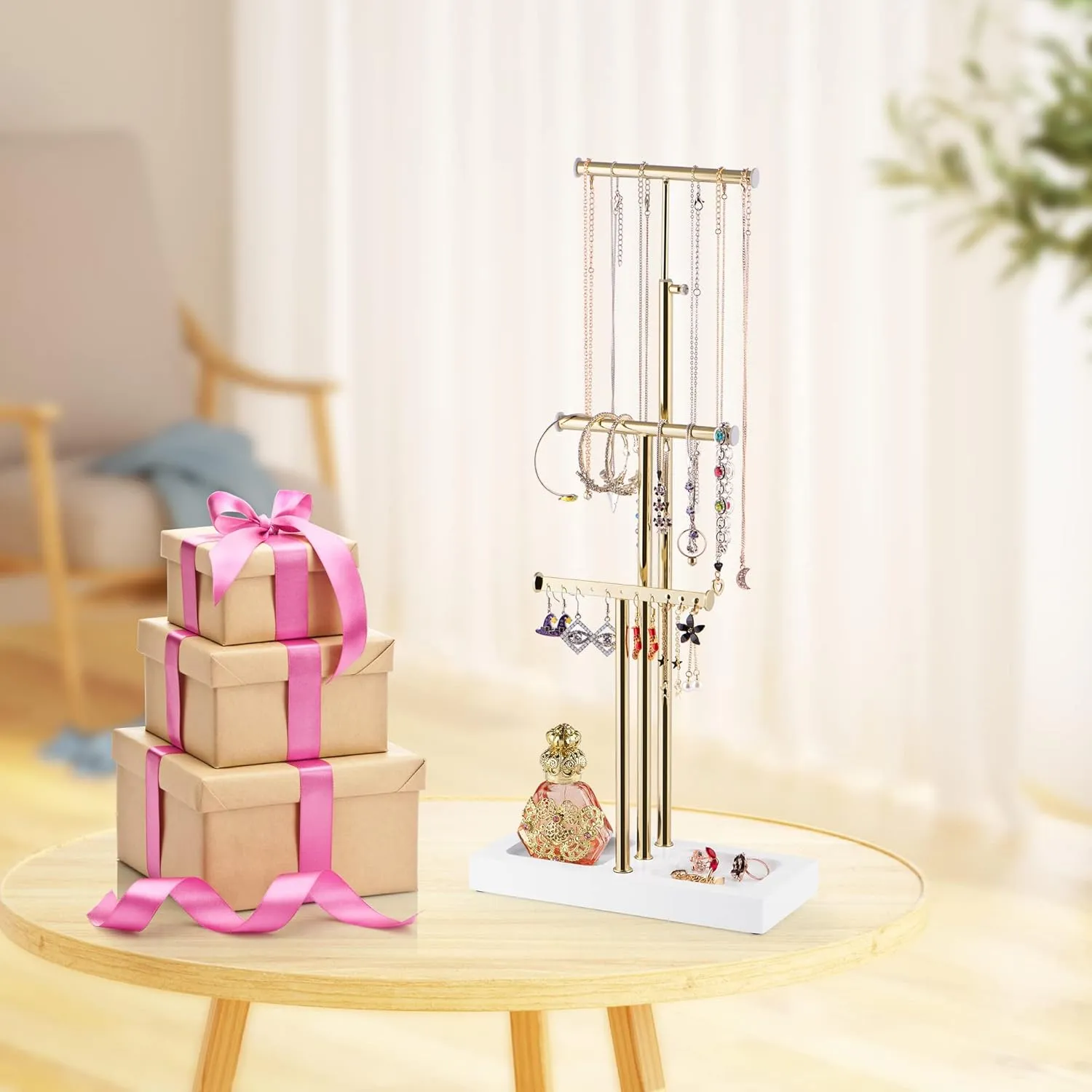 Love-KANKEI Jewelry Organizer Hanging with Metal and Wood Base, Necklace Holder with 3 Tier Tree Jewelry holder stand for Bracelets Earrings Rings,Height Adjustable Gift White and Gold