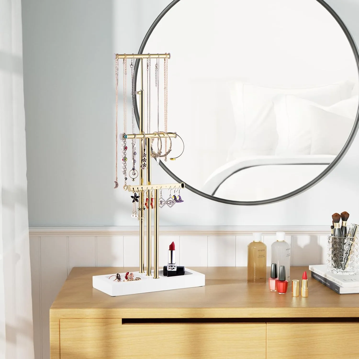 Love-KANKEI Jewelry Organizer Hanging with Metal and Wood Base, Necklace Holder with 3 Tier Tree Jewelry holder stand for Bracelets Earrings Rings,Height Adjustable Gift White and Gold