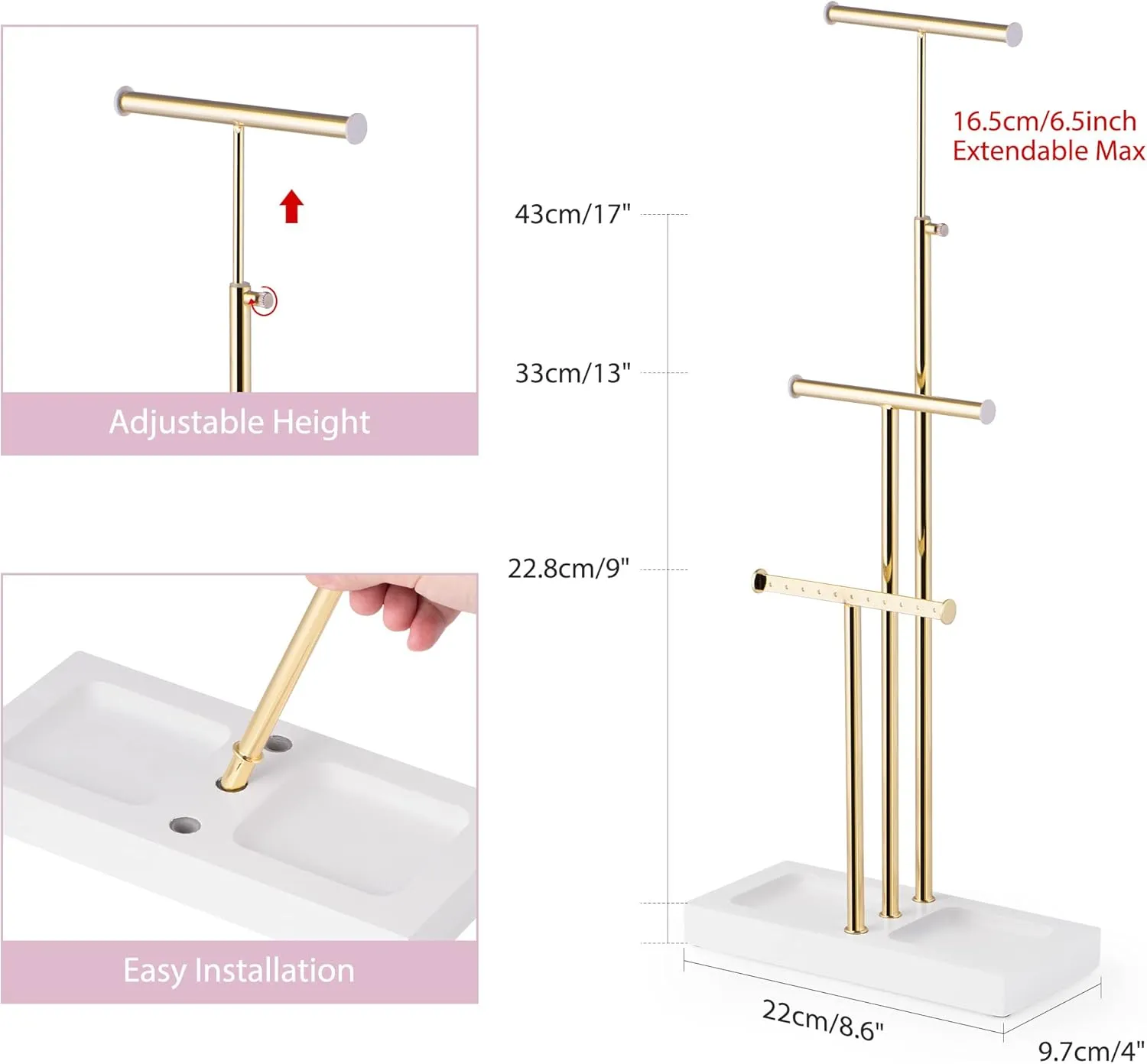 Love-KANKEI Jewelry Organizer Hanging with Metal and Wood Base, Necklace Holder with 3 Tier Tree Jewelry holder stand for Bracelets Earrings Rings,Height Adjustable Gift White and Gold