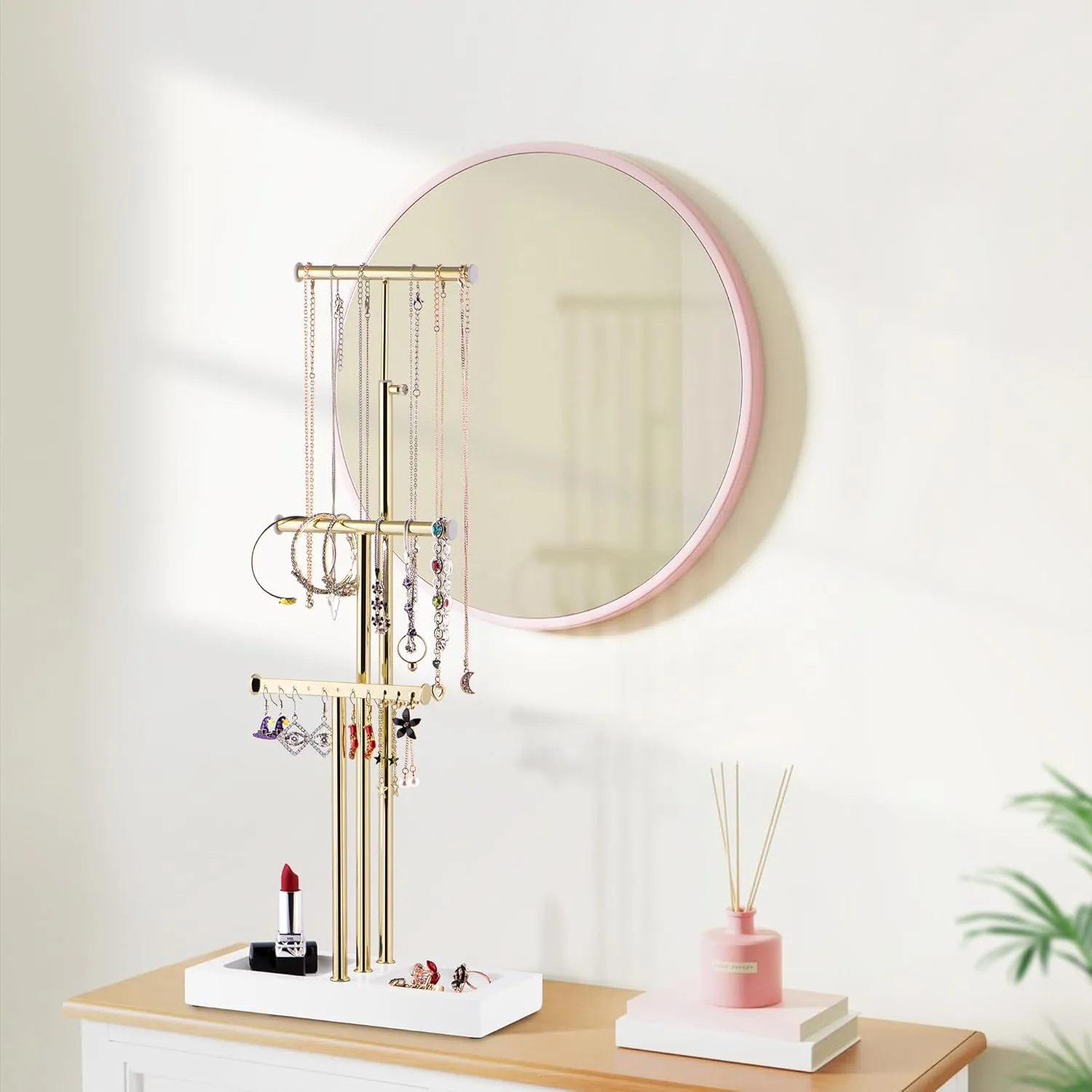 Love-KANKEI Jewelry Organizer Hanging with Metal and Wood Base, Necklace Holder with 3 Tier Tree Jewelry holder stand for Bracelets Earrings Rings,Height Adjustable Gift White and Gold