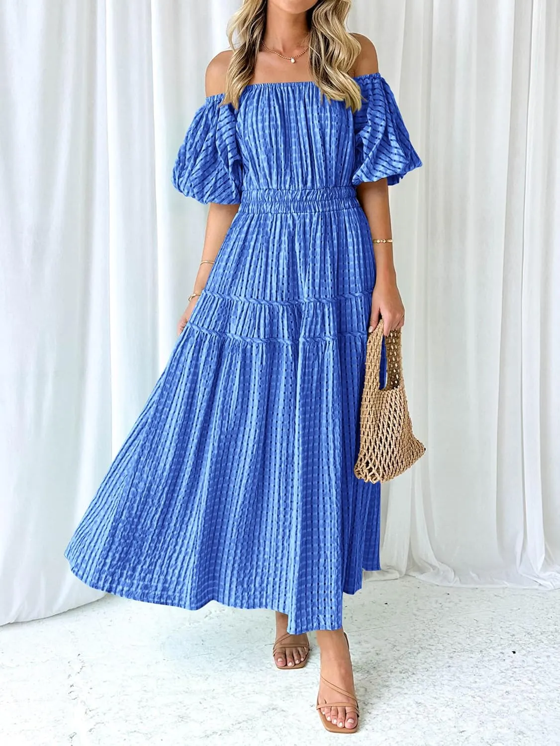 MASCOMODA Off The Shoulder Flowy Maxi Dress for Women 2024 Summer Casual Puff Short Sleeve Smocked Ruffle Beach Long Dresses