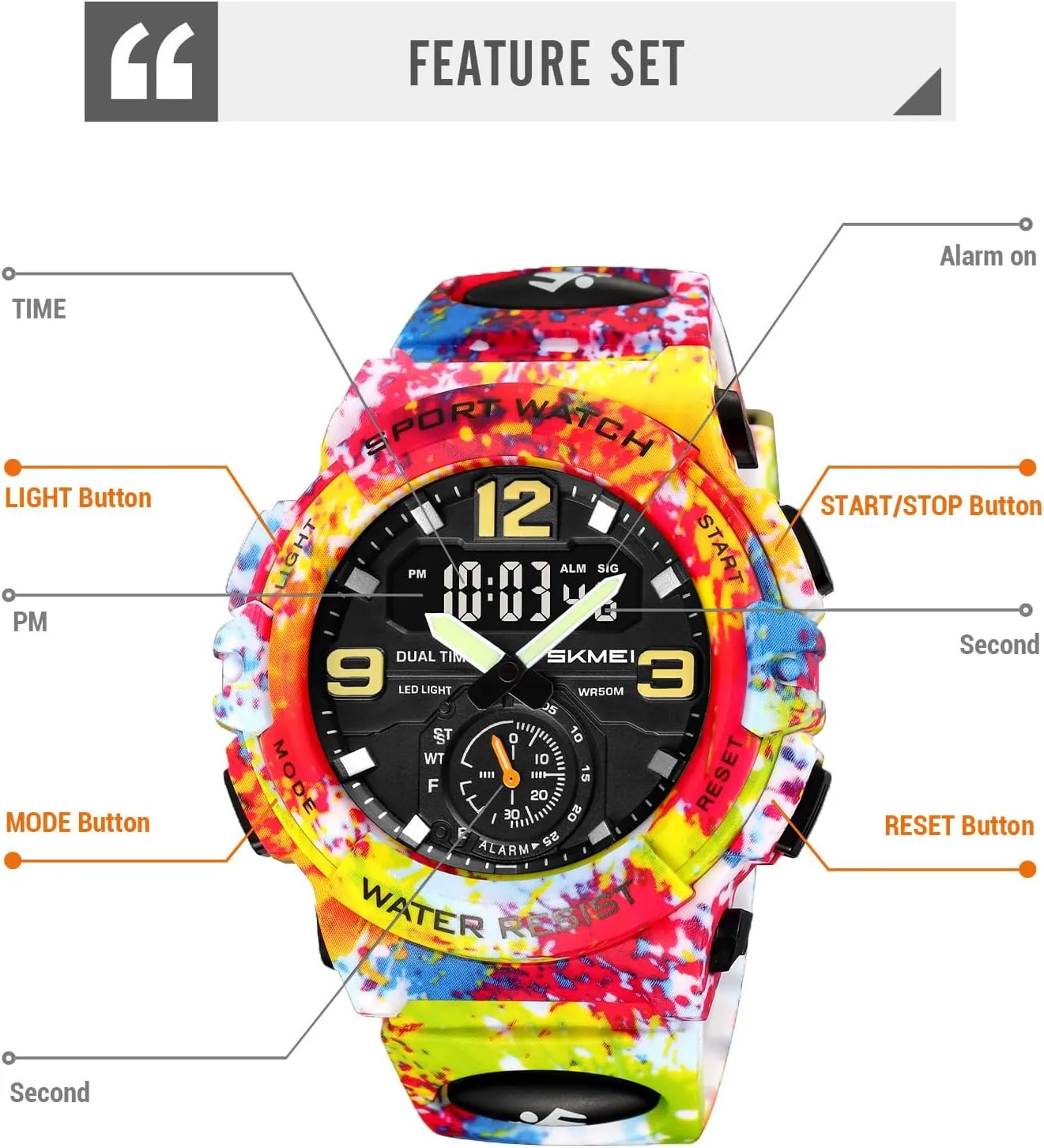 MASTOP Men's Watches Sports Outdoor Camouflage Waterproof Military Wrist Watch Tactical Date Multi Function Large Face LED Alarm Rugged Wristwatch for Training Hiking Adventure