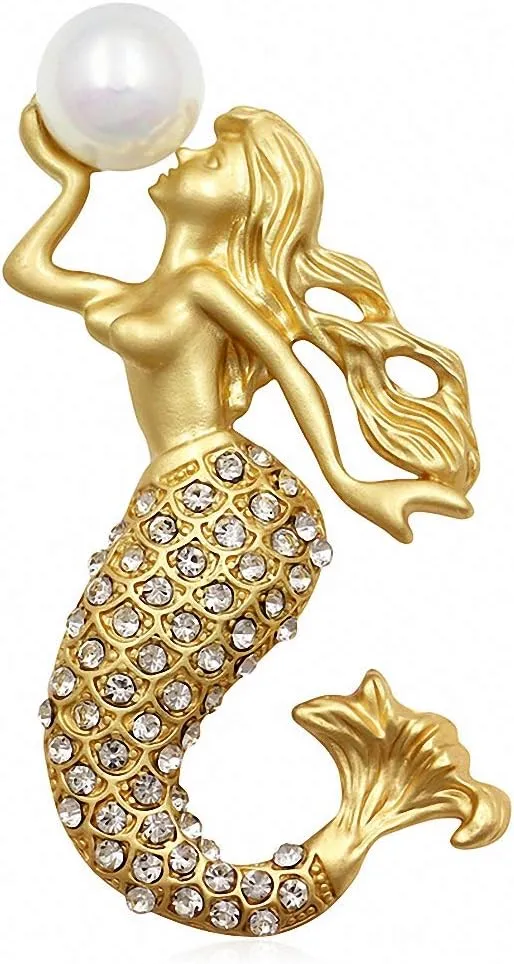 Matte Gold Crystal Rhinestone Mermaid Brooches with Simulated Pearl Wedding Party Brooches