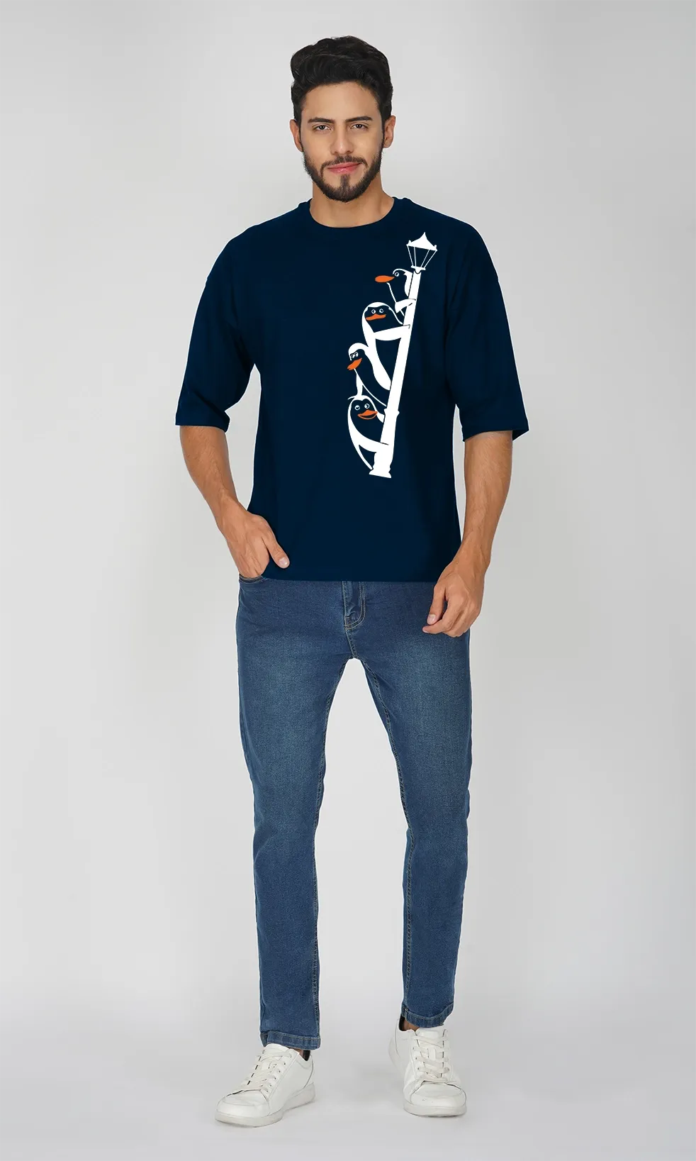Mebadass Men's Printed Oversized T-shirt - Penguins On Shoulder