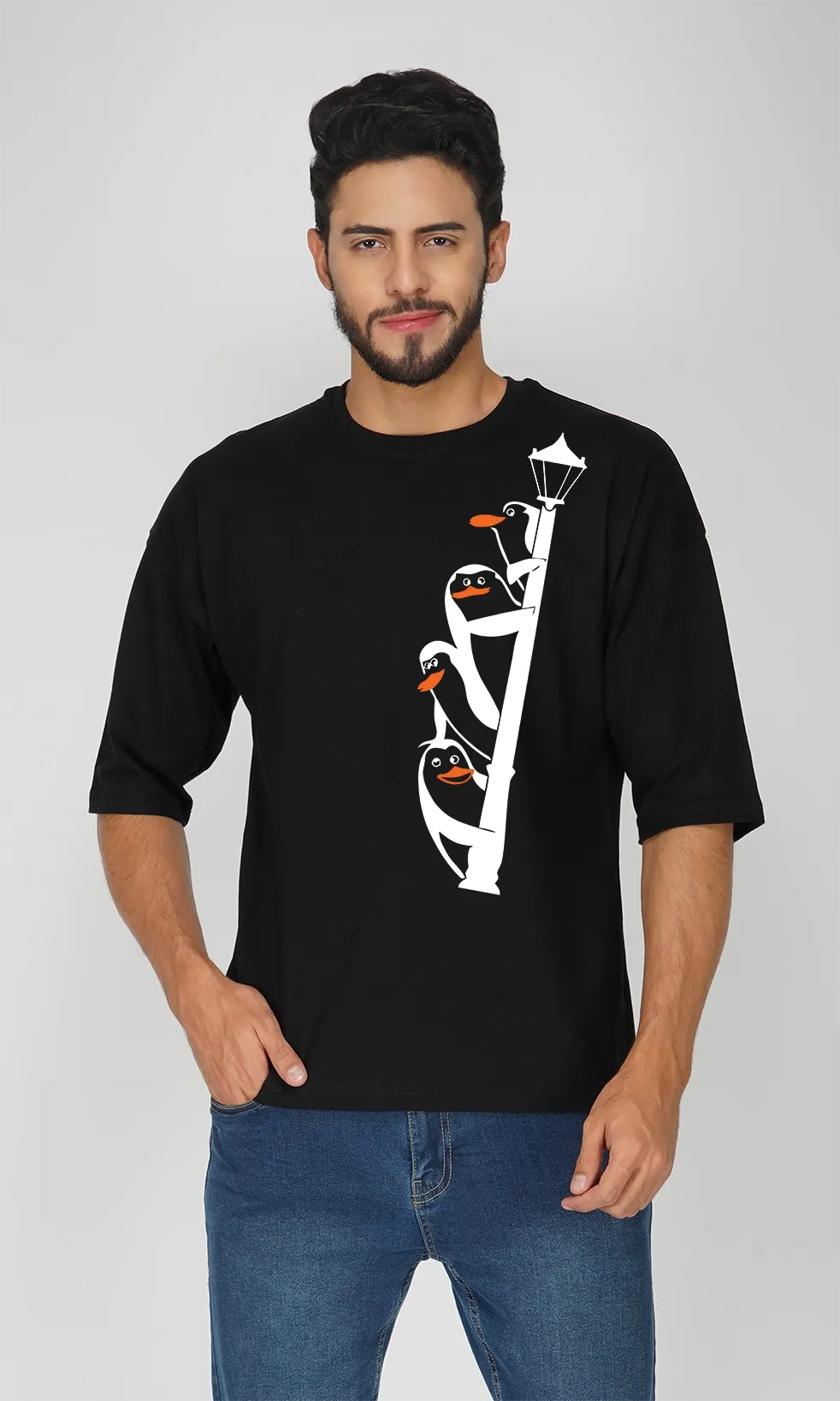 Mebadass Men's Printed Oversized T-shirt - Penguins On Shoulder