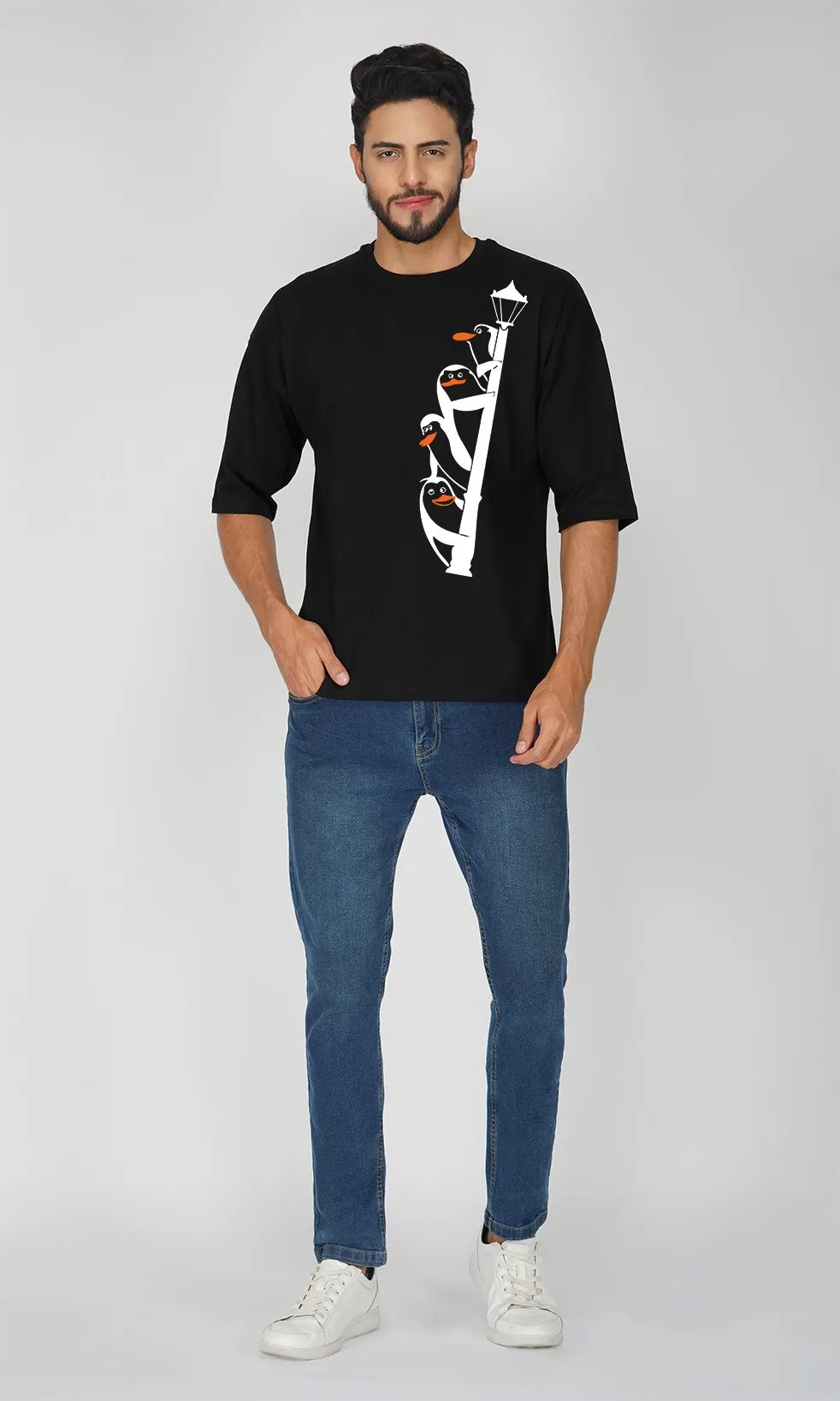 Mebadass Men's Printed Oversized T-shirt - Penguins On Shoulder