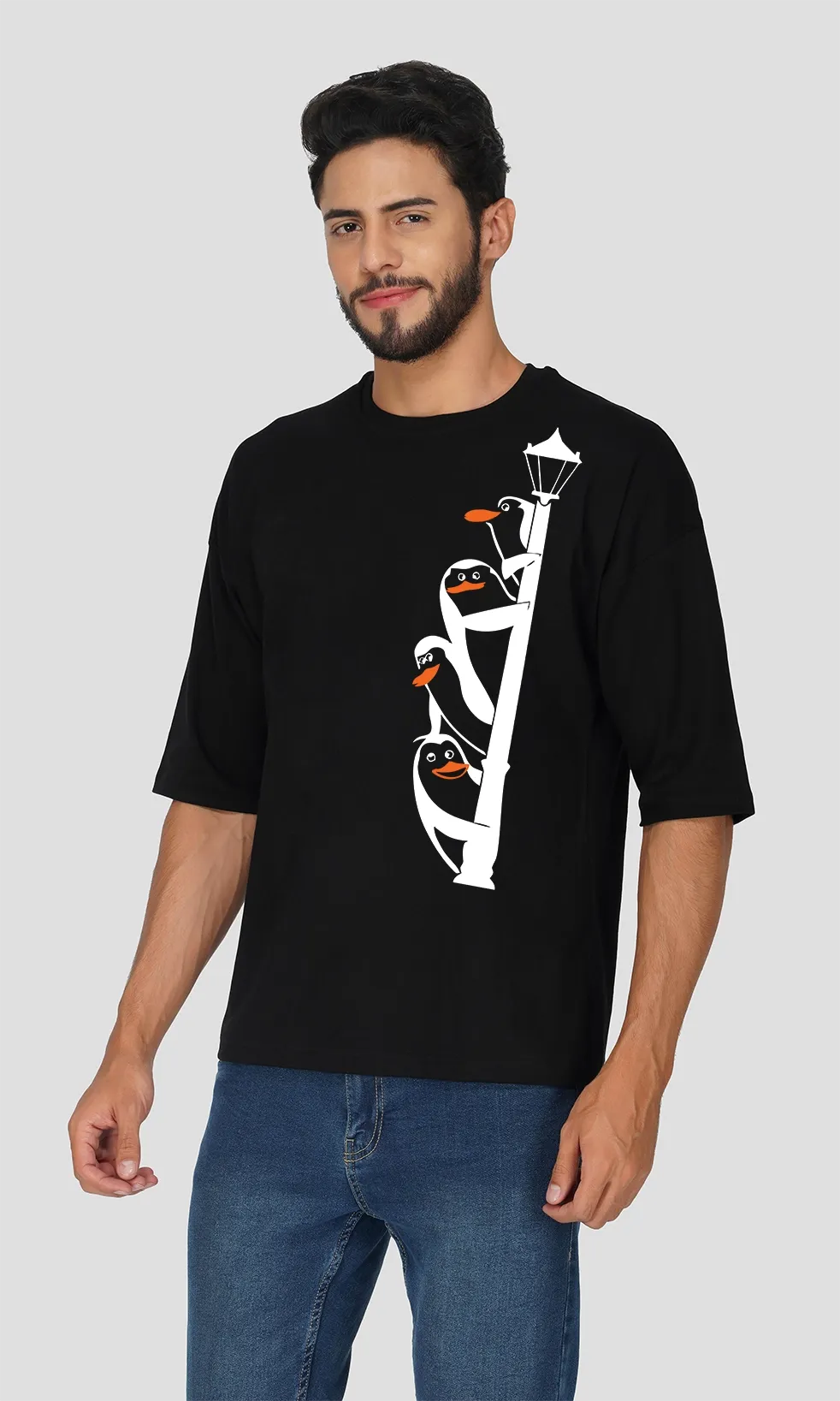 Mebadass Men's Printed Oversized T-shirt - Penguins On Shoulder