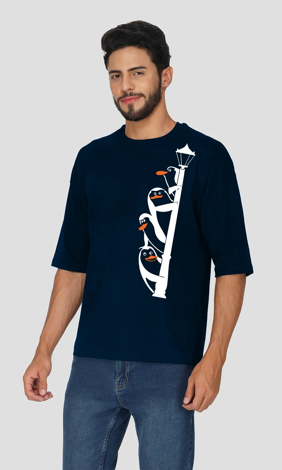 Mebadass Men's Printed Oversized T-shirt - Penguins On Shoulder