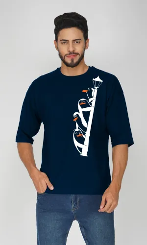 Mebadass Men's Printed Oversized T-shirt - Penguins On Shoulder
