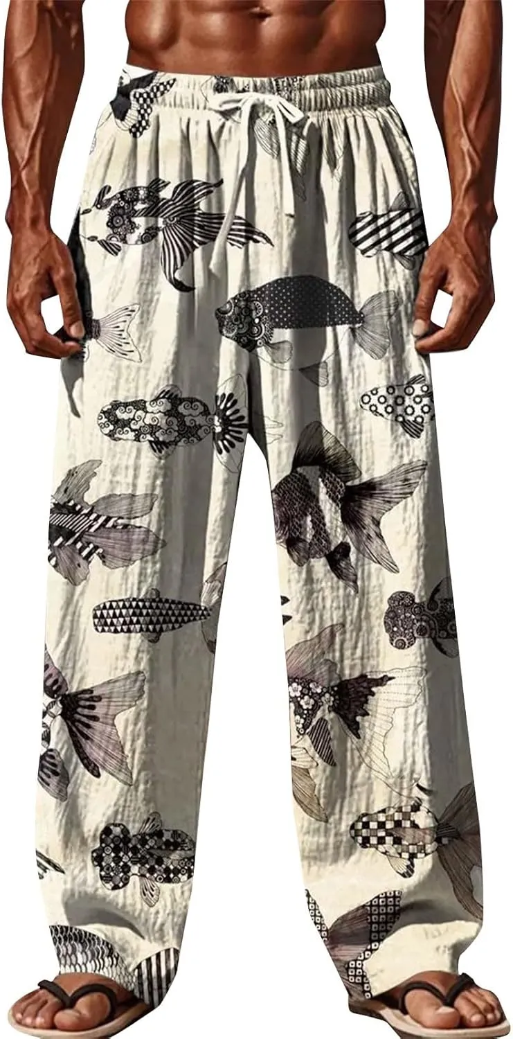 Men's Drawstring Linen Pants Loose Fit Casual Summer Elastic Waist Drawstring Baggy Trousers Elastic Waist Trousers
