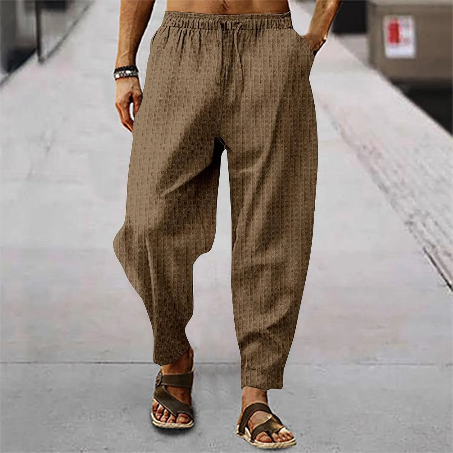 Mens Linen Capri Pants Casual Lightweight Loose 3/4 Long Shorts Elastic Waist Drawstring Harem Beach Yoga Pants