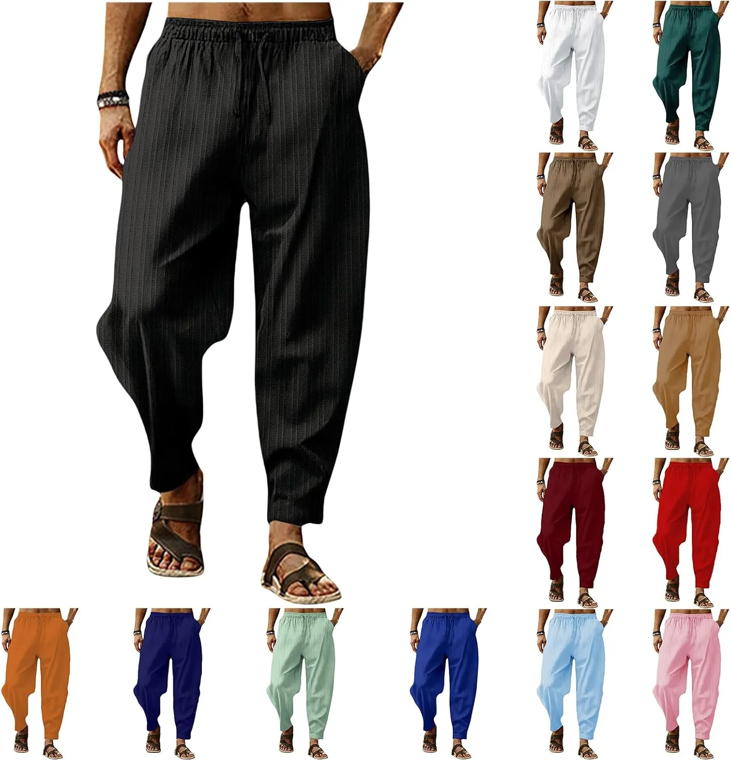 Mens Linen Capri Pants Casual Lightweight Loose 3/4 Long Shorts Elastic Waist Drawstring Harem Beach Yoga Pants