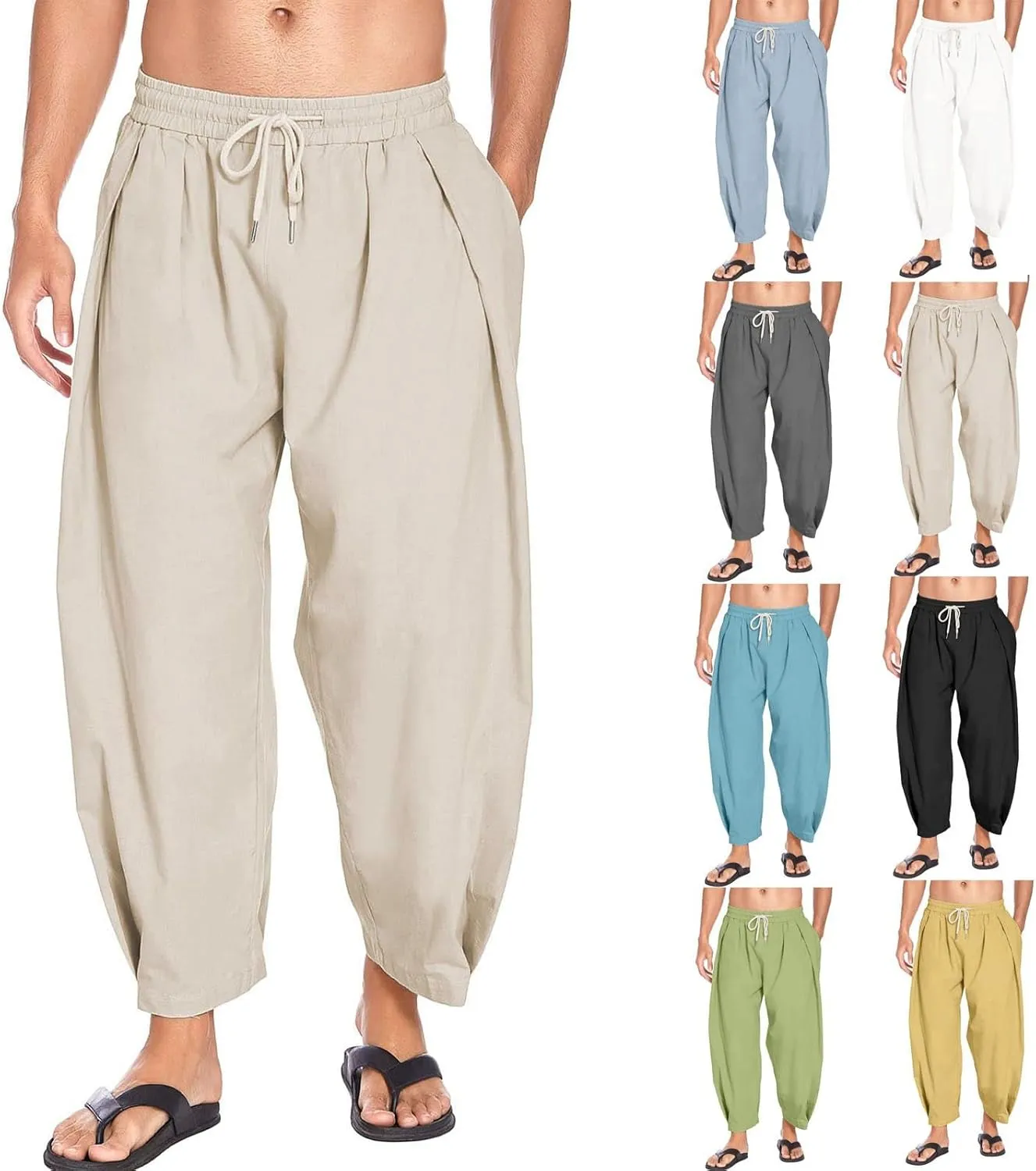 Mens Linen Capri Pants Lightweight Cropped Pants Drawstring Elastic Waist Harem Pants Casual Beach Yoga Trousers