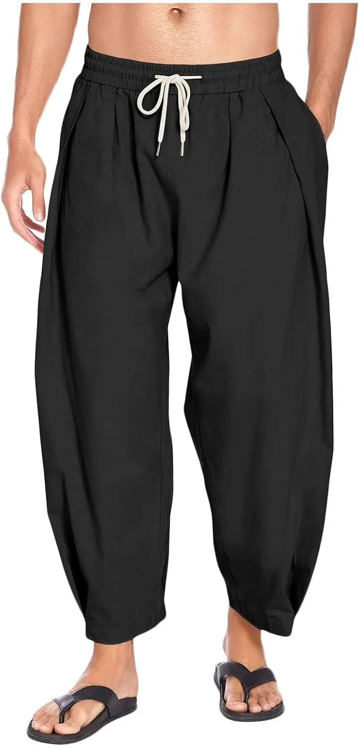 Mens Linen Capri Pants Lightweight Cropped Pants Drawstring Elastic Waist Harem Pants Casual Beach Yoga Trousers