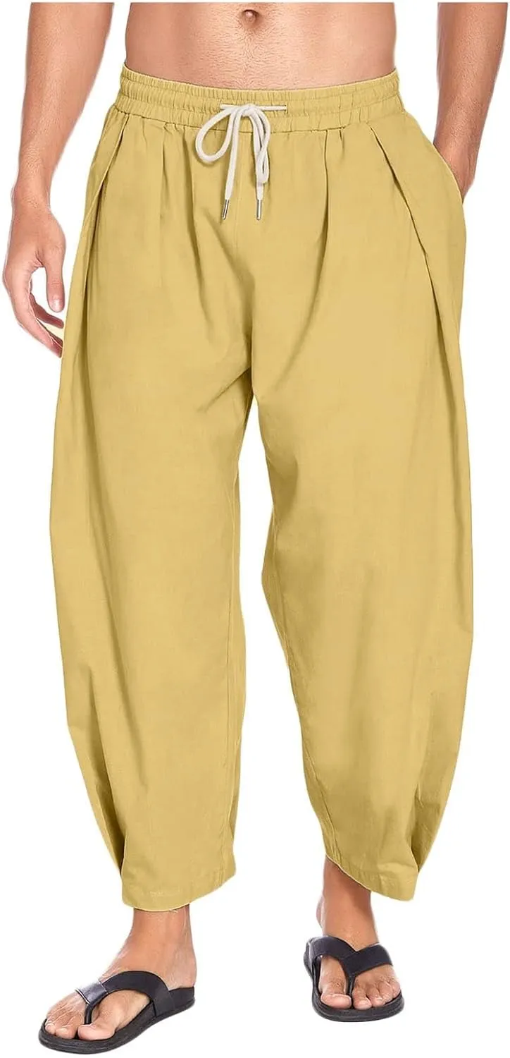 Mens Linen Capri Pants Lightweight Cropped Pants Drawstring Elastic Waist Harem Pants Casual Beach Yoga Trousers