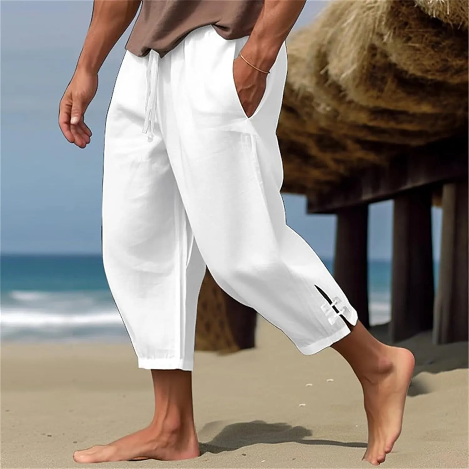 Men's Linen Harem Capri Pants Lightweight Loose 3/4 Shorts Summer Drawstring Elastic Waist Casual Beach Yoga Pants