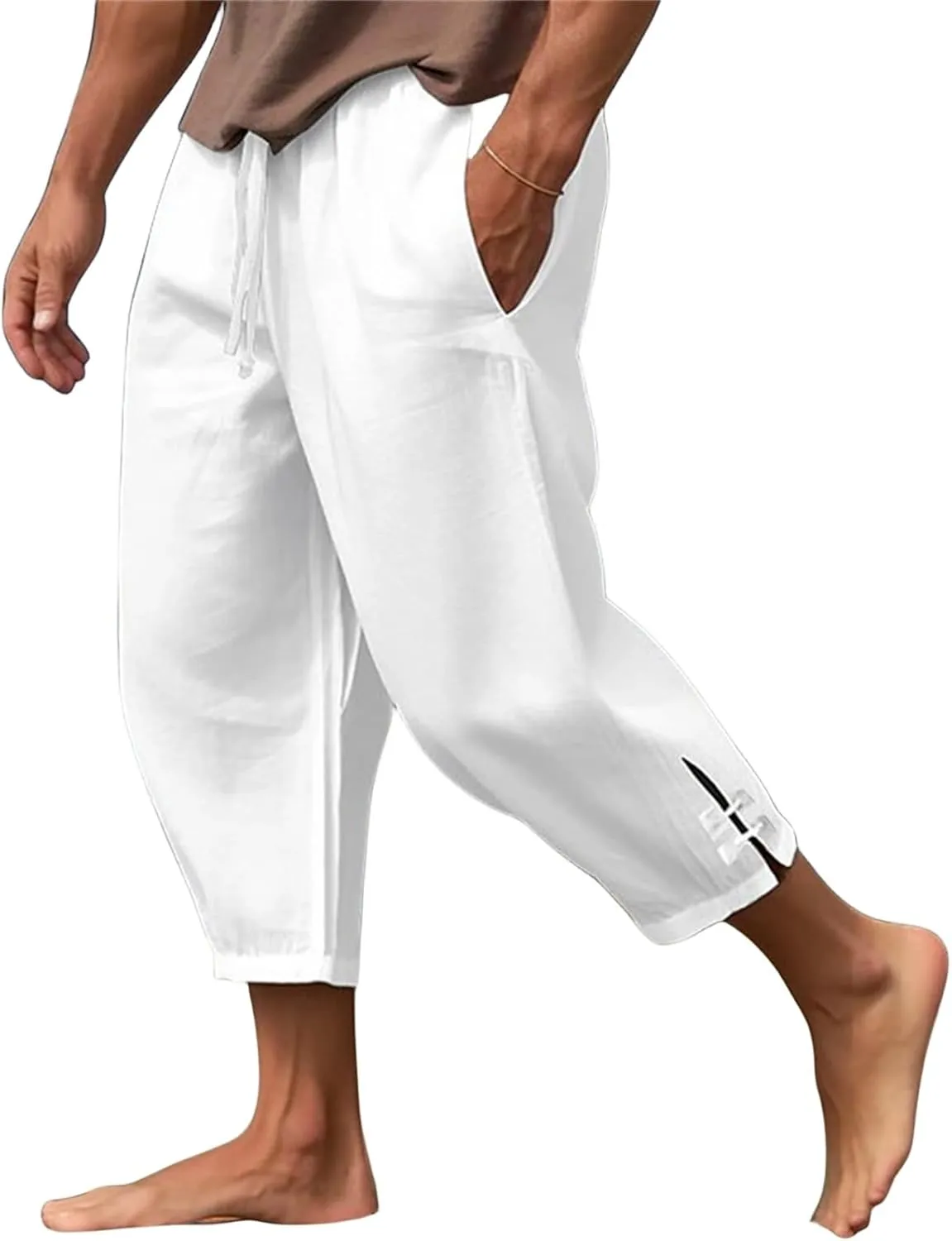 Men's Linen Harem Capri Pants Lightweight Loose 3/4 Shorts Summer Drawstring Elastic Waist Casual Beach Yoga Pants