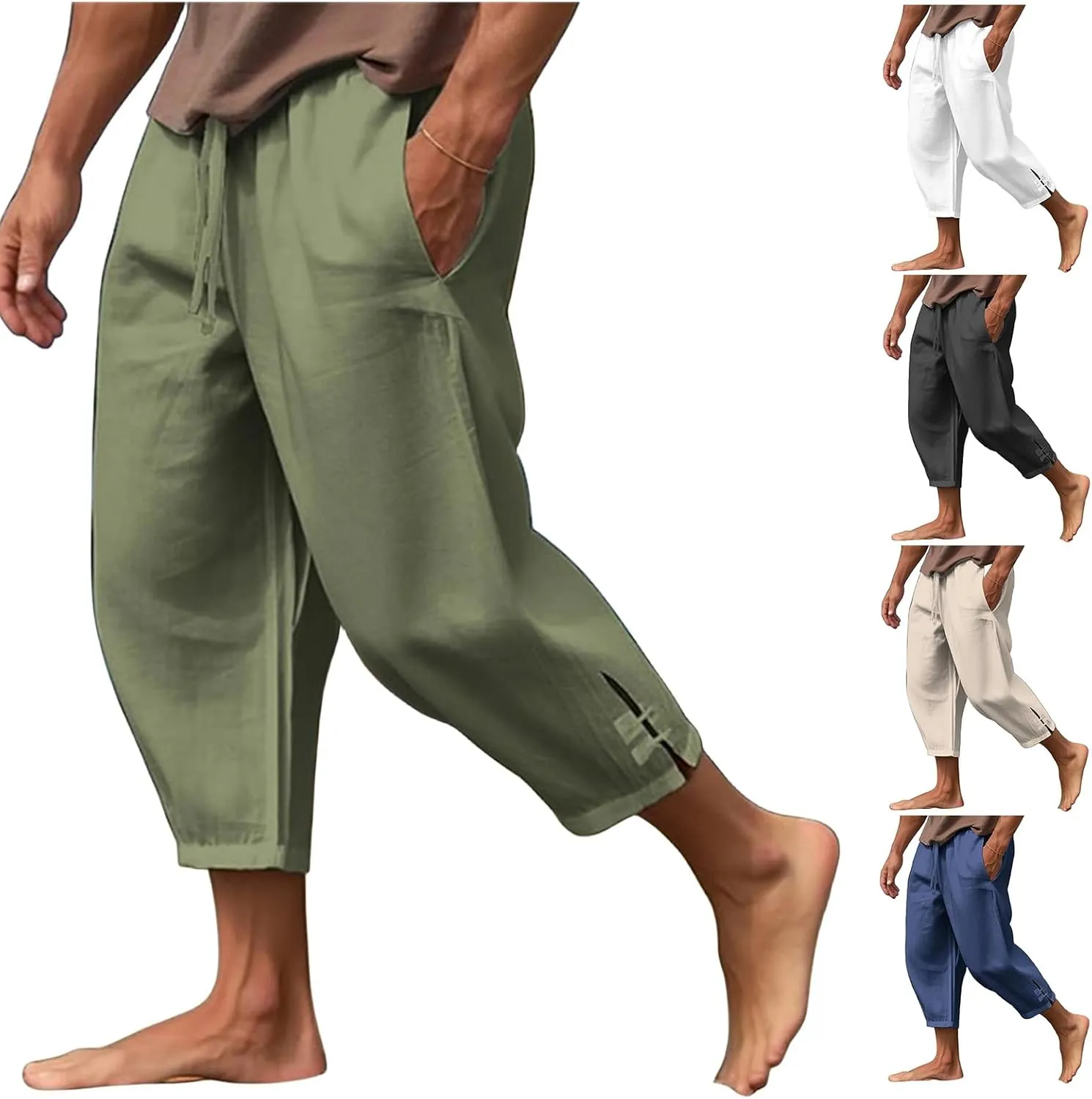 Men's Linen Harem Capri Pants Lightweight Loose 3/4 Shorts Summer Drawstring Elastic Waist Casual Beach Yoga Pants