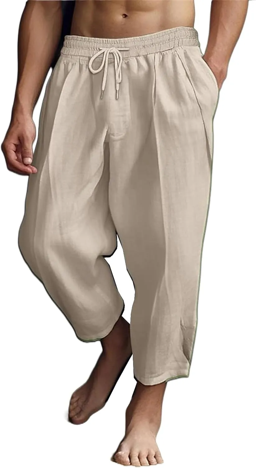 Mens Linen Harem Pants Casual Loose Baggy Beach Pants Drawstring Elastic Waist Yoga Trousers with Pockets for Men