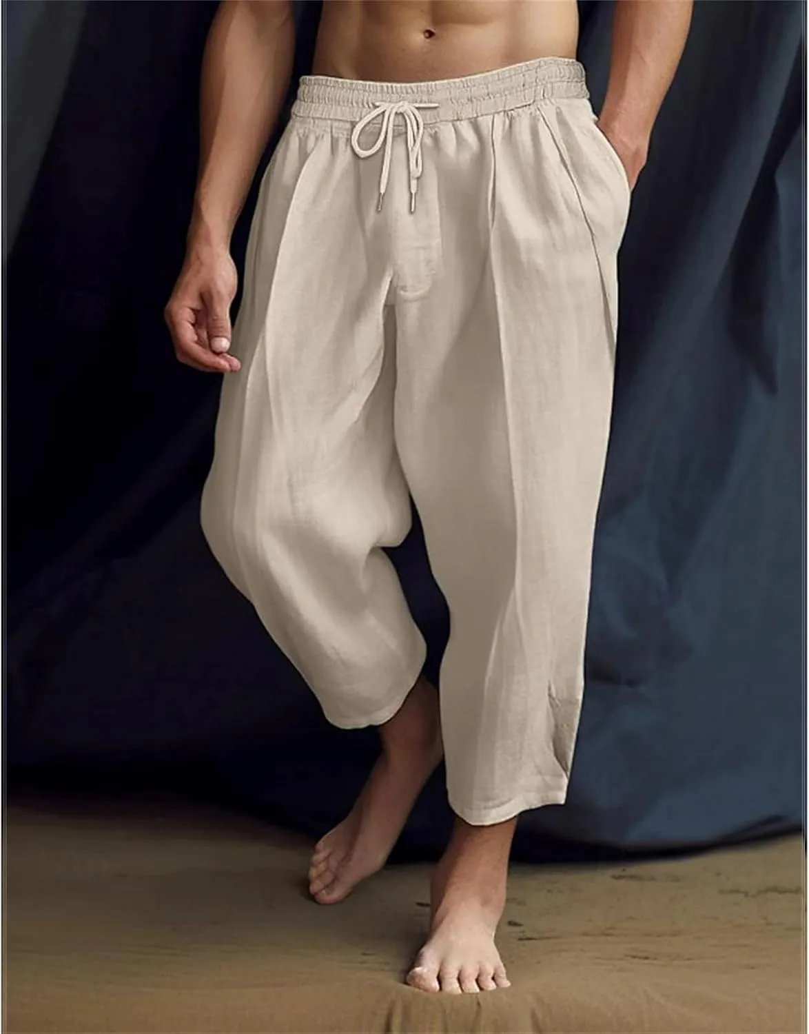 Mens Linen Harem Pants Casual Loose Baggy Beach Pants Drawstring Elastic Waist Yoga Trousers with Pockets for Men