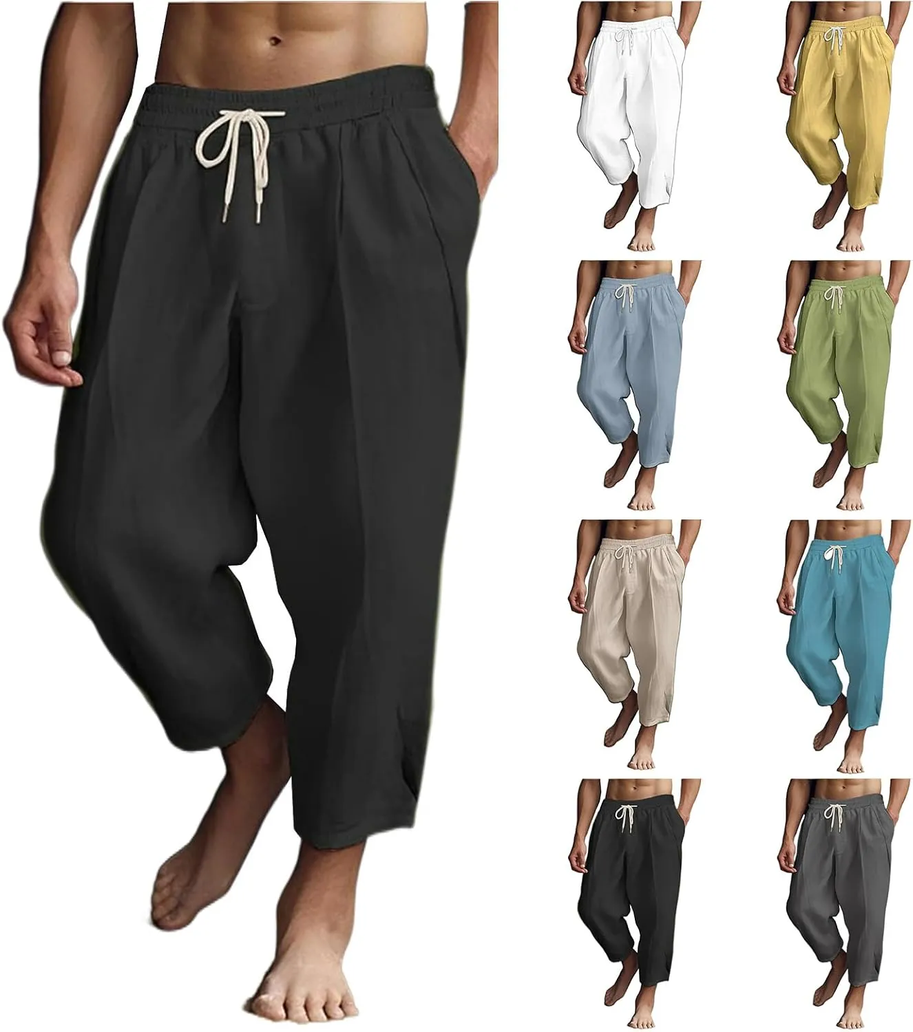 Mens Linen Harem Pants Casual Loose Baggy Beach Pants Drawstring Elastic Waist Yoga Trousers with Pockets for Men