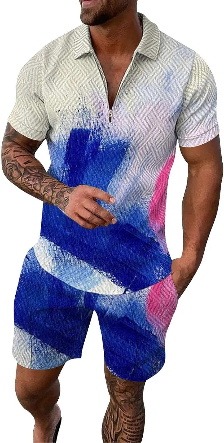 Mens Short Sets 2 Piece Outfits Summer Tracksuit Short Sleeve Polo Shirt and Shorts Set Casual Sport Suit