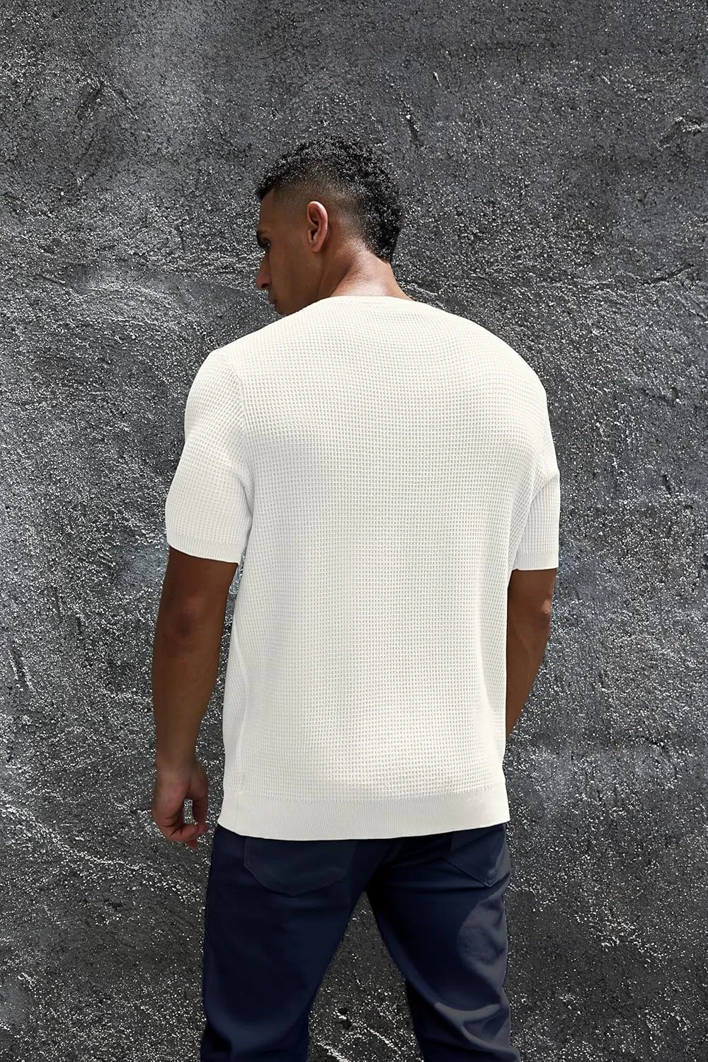 Men's Short Sleeve Knit T-Shirts Casual Crewneck Solid Waffle Texture Knit Shirt