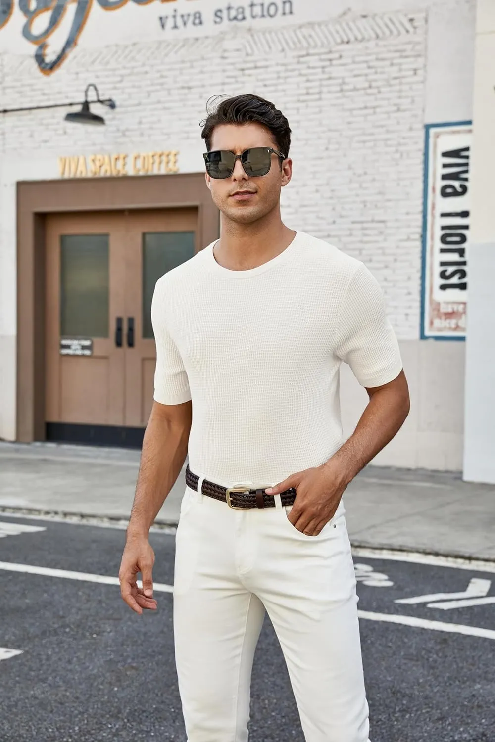 Men's Short Sleeve Knit T-Shirts Casual Crewneck Solid Waffle Texture Knit Shirt