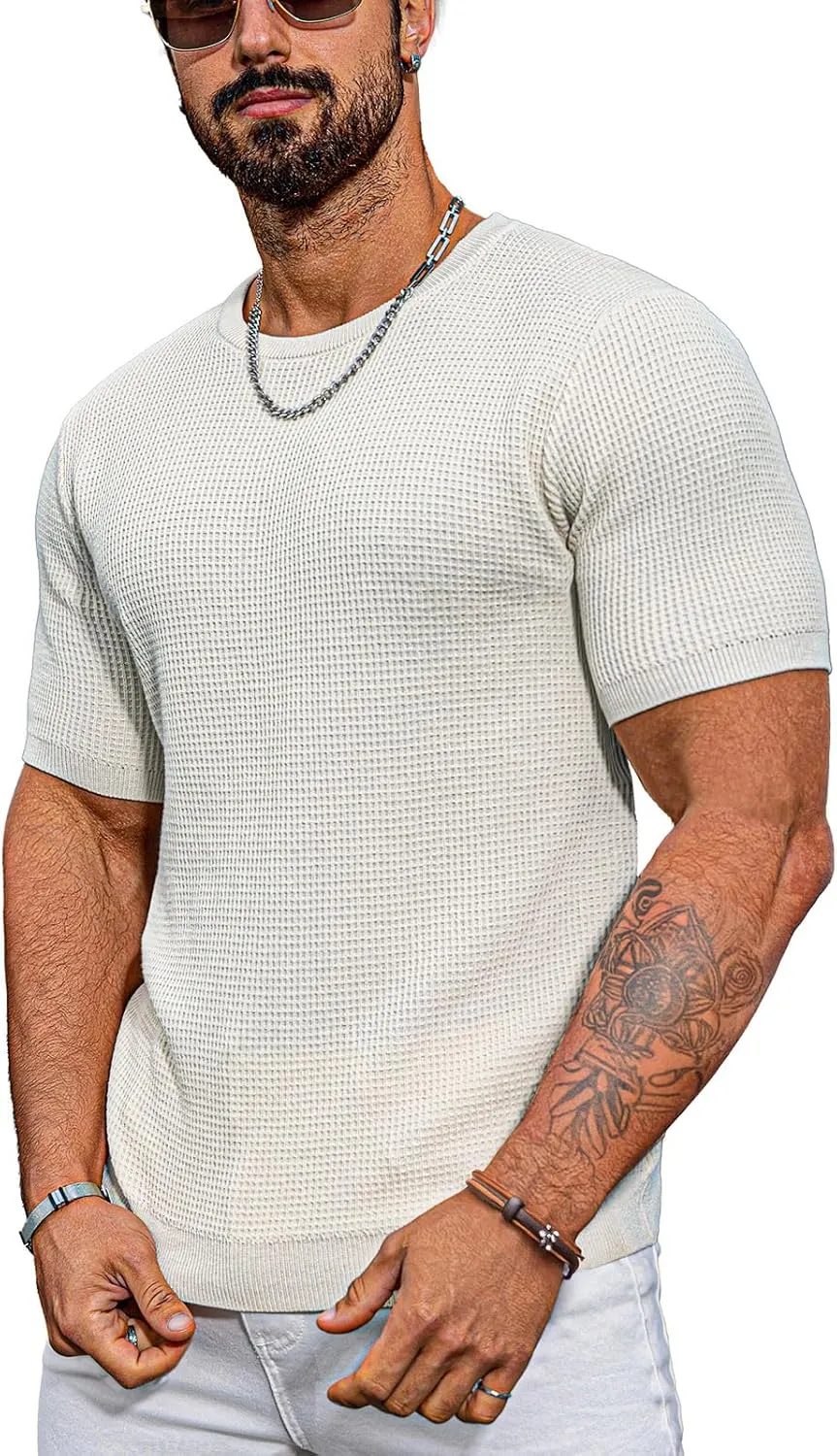 Men's Short Sleeve Knit T-Shirts Casual Crewneck Solid Waffle Texture Knit Shirt