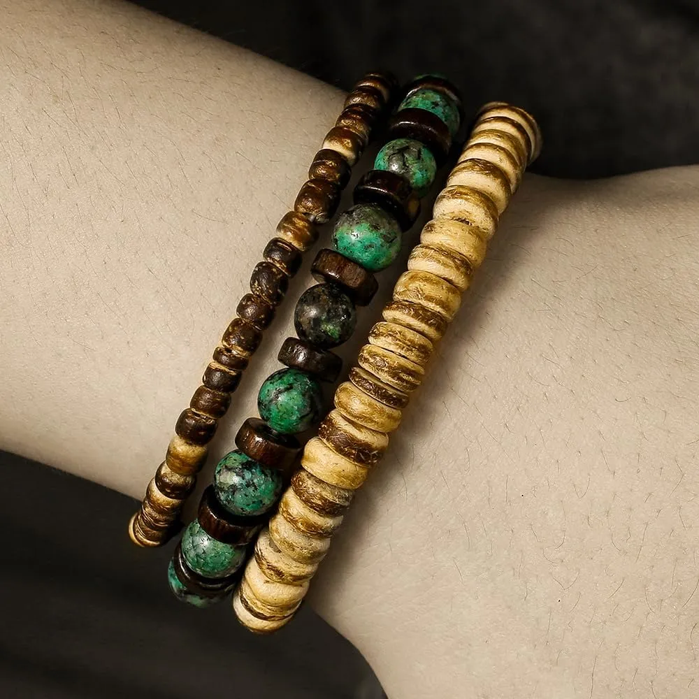 Mens Wood Bead Bracelet Set, Handmade Turquoise Wooded Beads Bracelets,Adjustable Elastic Rope With Natural Stone Beads,Boho Vintage Stretch Bracelet Set ,Healing Protection Balance Bracelets for Men