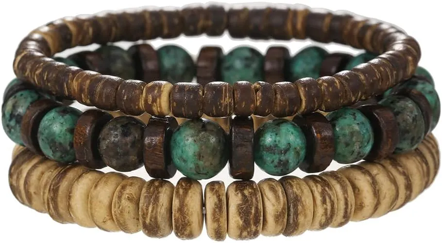 Mens Wood Bead Bracelet Set, Handmade Turquoise Wooded Beads Bracelets,Adjustable Elastic Rope With Natural Stone Beads,Boho Vintage Stretch Bracelet Set ,Healing Protection Balance Bracelets for Men