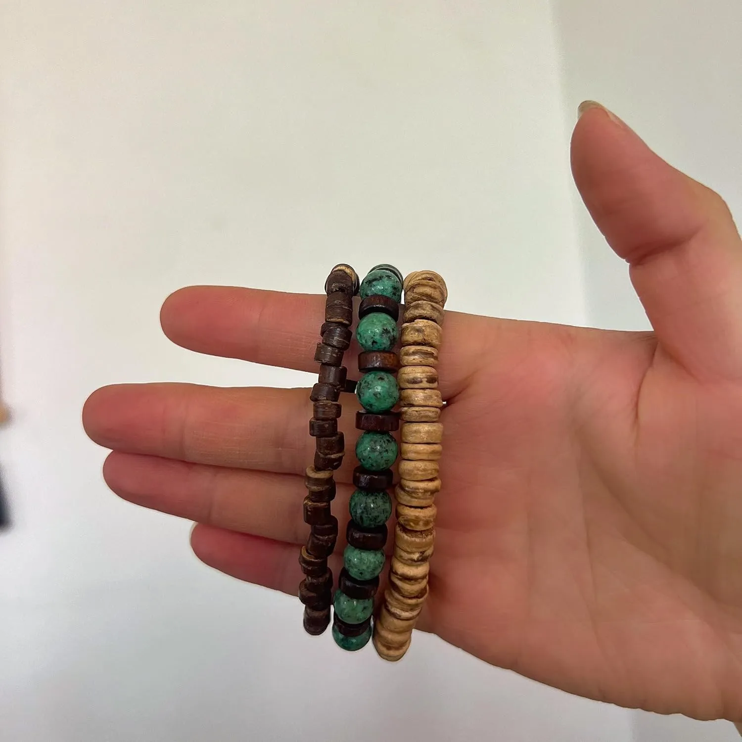 Mens Wood Bead Bracelet Set, Handmade Turquoise Wooded Beads Bracelets,Adjustable Elastic Rope With Natural Stone Beads,Boho Vintage Stretch Bracelet Set ,Healing Protection Balance Bracelets for Men