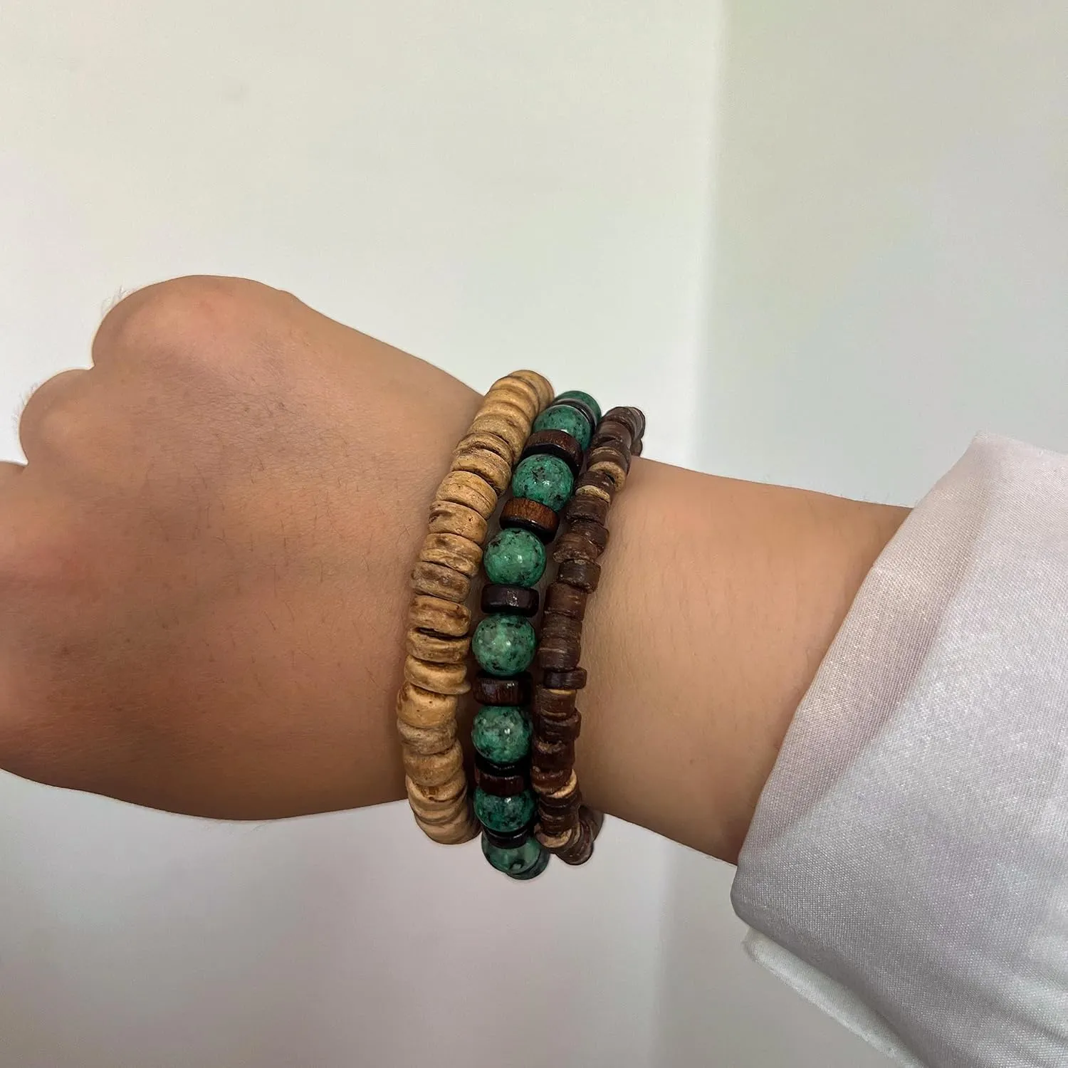 Mens Wood Bead Bracelet Set, Handmade Turquoise Wooded Beads Bracelets,Adjustable Elastic Rope With Natural Stone Beads,Boho Vintage Stretch Bracelet Set ,Healing Protection Balance Bracelets for Men