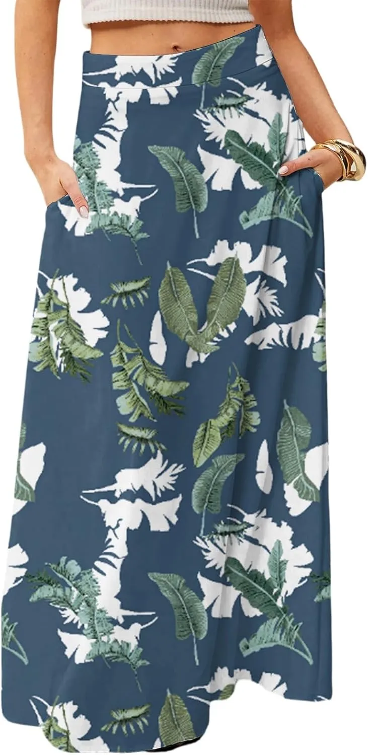 Midi Skirts for Women Summer High Waisted Pleated A-Line Swing Floral Long with Pockets