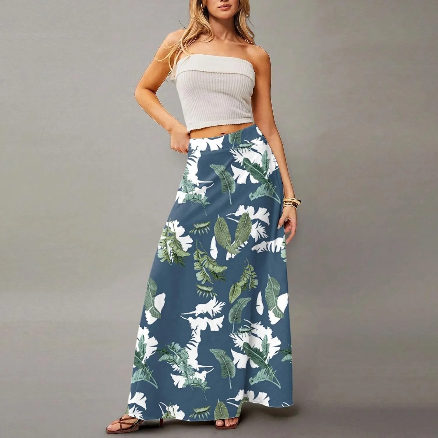 Midi Skirts for Women Summer High Waisted Pleated A-Line Swing Floral Long with Pockets
