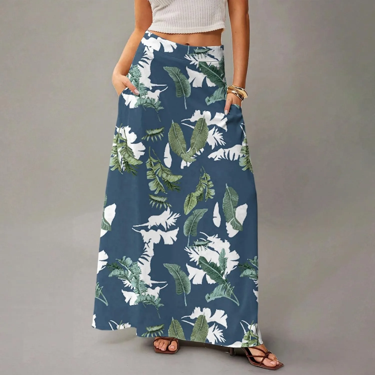 Midi Skirts for Women Summer High Waisted Pleated A-Line Swing Floral Long with Pockets