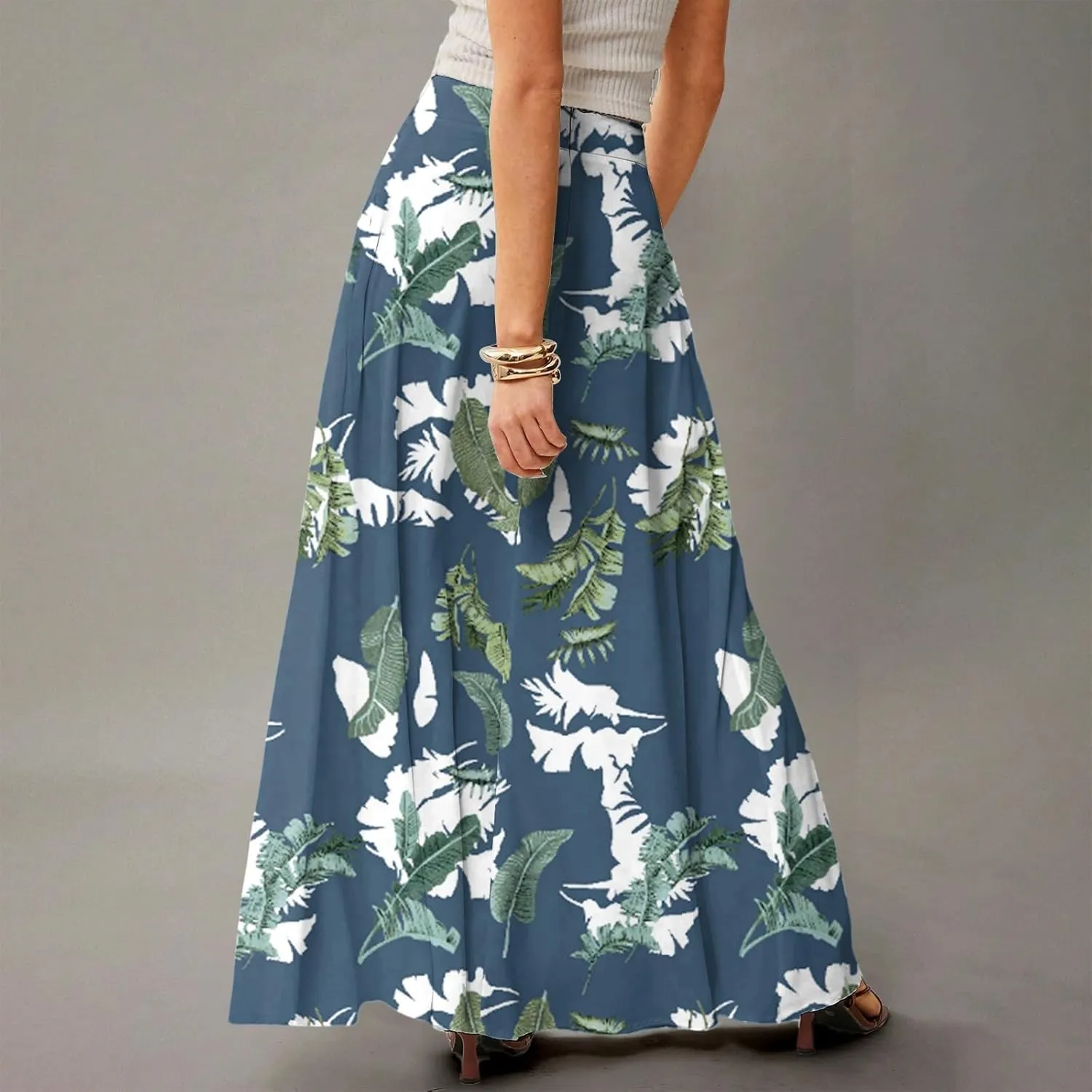 Midi Skirts for Women Summer High Waisted Pleated A-Line Swing Floral Long with Pockets