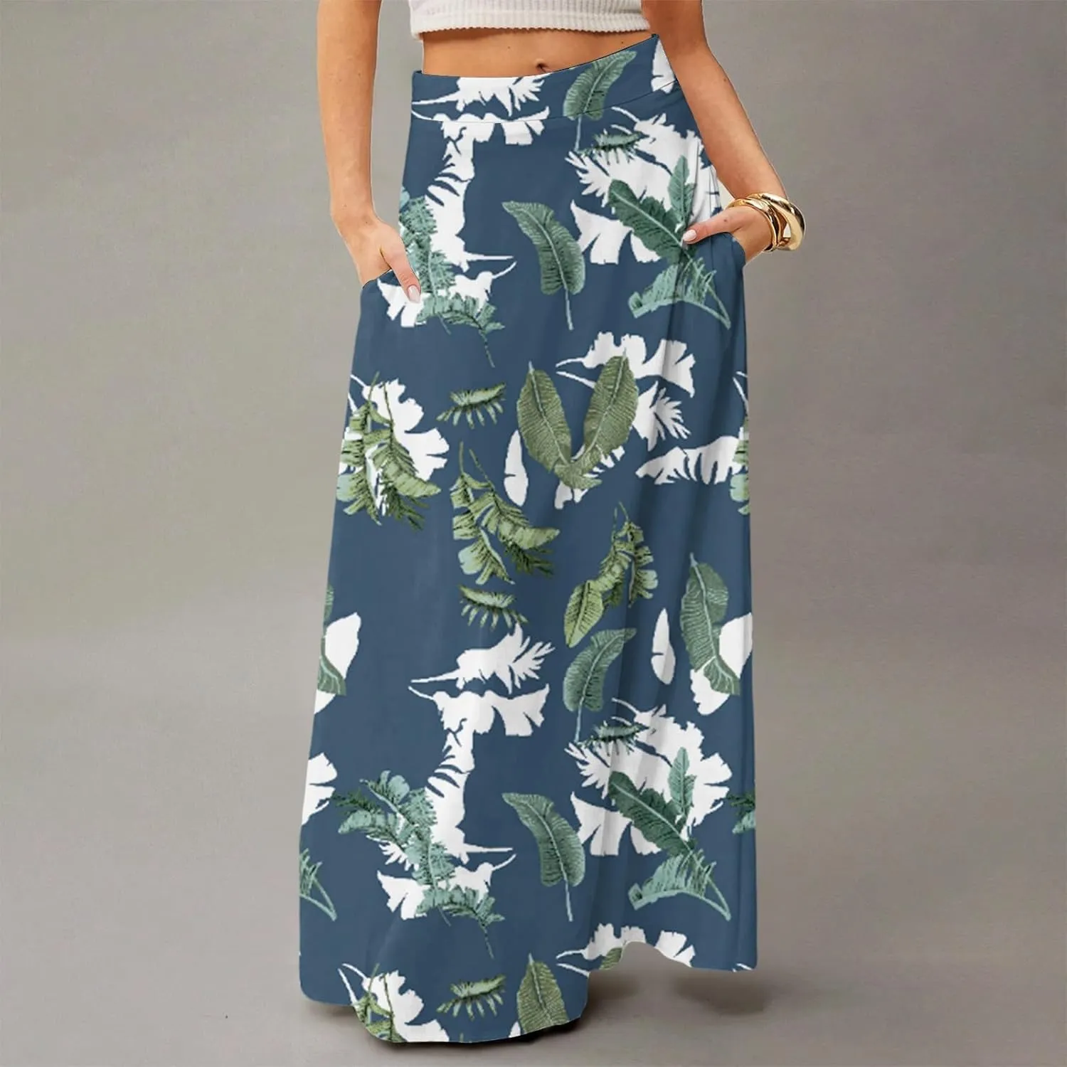 Midi Skirts for Women Summer High Waisted Pleated A-Line Swing Floral Long with Pockets