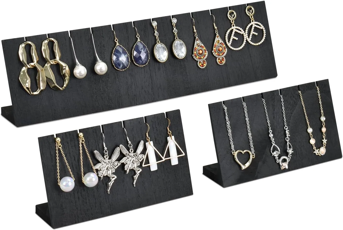 MOOCA 3 Piece Lightweight Wooden Jewelry Stand Set, Earring Display for 12 Pairs, Versatile Jewelry Display for Bracelets, Pendants, Chain Necklaces, Convenient for Traveling, Black Color