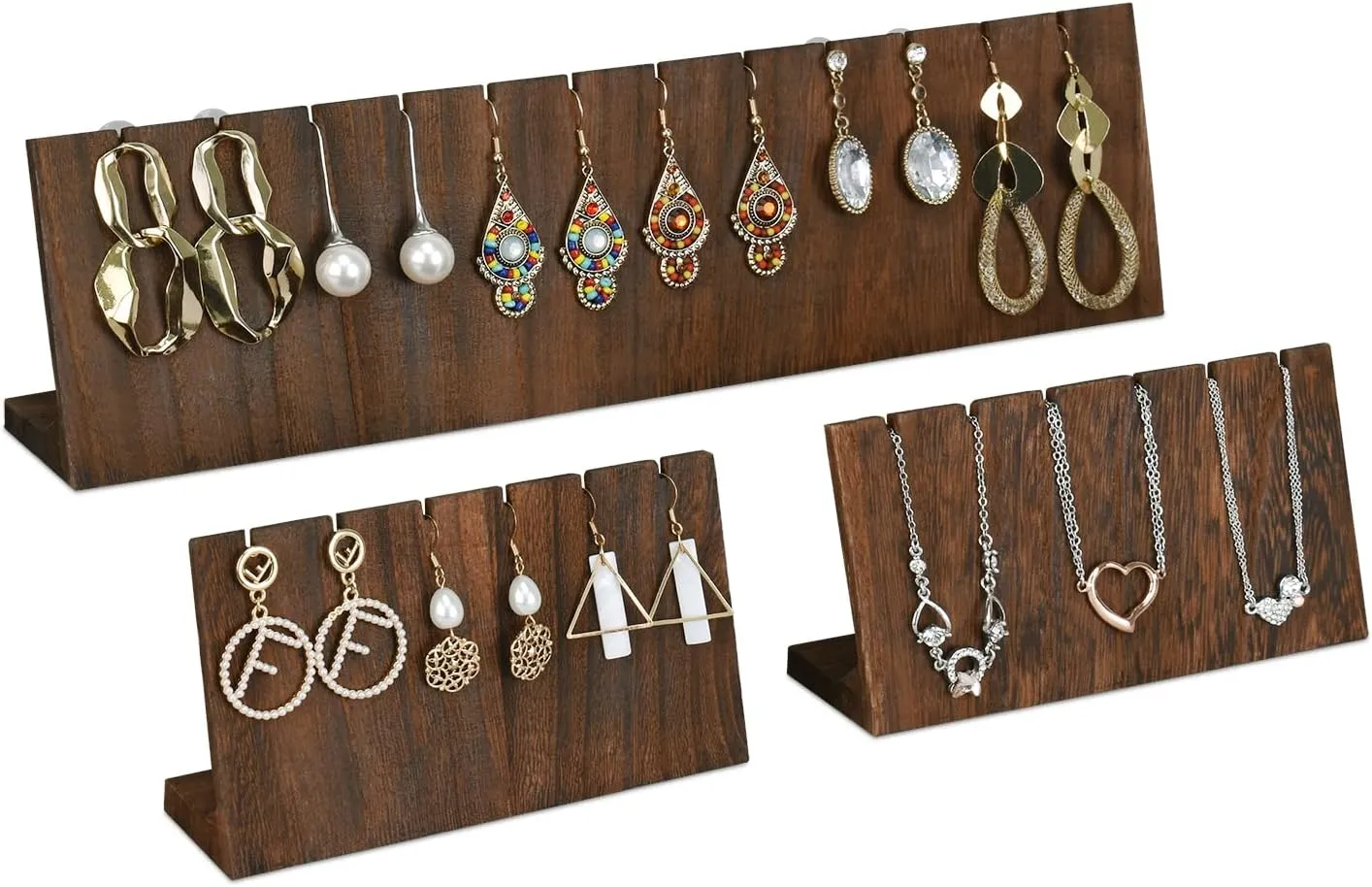 MOOCA Stunning 3-Piece Wooden Jewelry Display Stand Set - Versatile Earring and Pendant Organizer | Elegant Jewelry Stand, Rack, and Holder for Earrings | Holds up to 12 Pairs, Brown Color